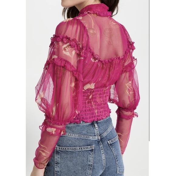 Free People Time For Shine Mesh Cropped Smocked Pink Purple Floral Blouse Top L - Picture 3 of 11